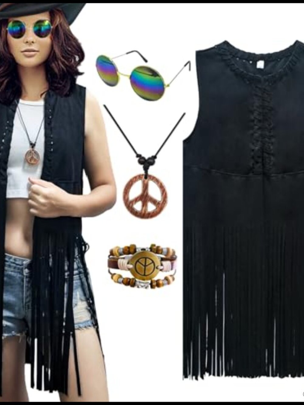 Faux Suede Fringe Vest Hippie Costume Set 60s 70s Tassel Bohemian Party Adult